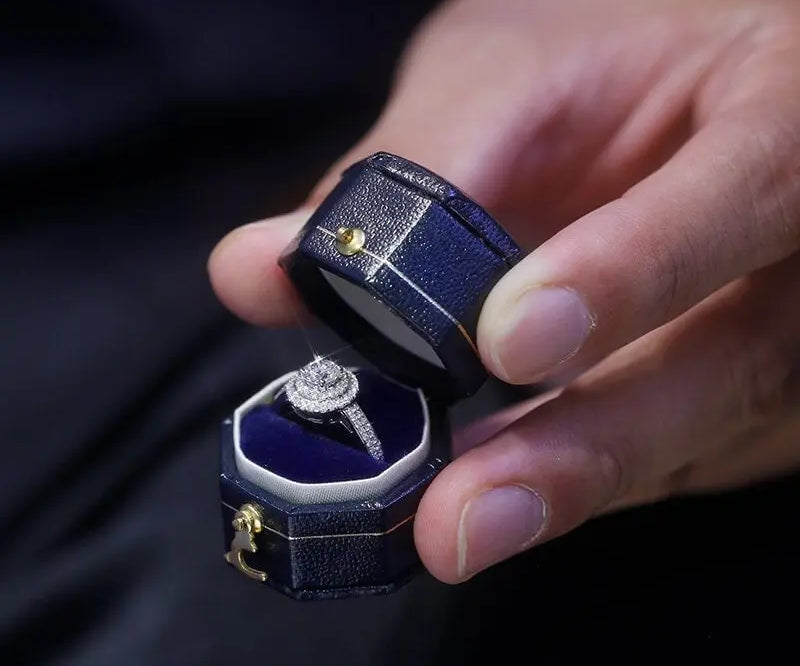 4 Colors | Navy Octagon Hexagon Oval Leather Ring Box Handmade from Japan | Engagement & Wedding Set Elegant Keepsake Box | Bridal Photo - LaCorserArtJewelry