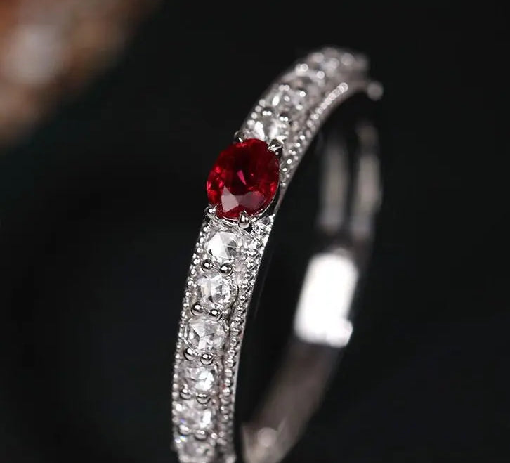 Platinum 950 Natural Ruby & Diamonds, Red Gemstone Ring, Natural Ruby Diamonds Ring, Victorian Retro Style Ring - LaCorserArtJewelry