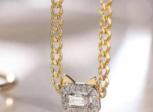 Cute Kitten Diamonds 18K Necklace, Love, Halo Design Animal Necklace Etsy