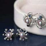 Galaxy Design Earrings with Akoya Pearl Art Deco Earrings, Natural White Diamonds Studs Earrings, 18K White Gold Blue Sapphire Earrings Etsy