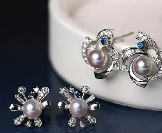 Galaxy Design Earrings with Akoya Pearl Art Deco Earrings, Natural White Diamonds Studs Earrings, 18K White Gold Blue Sapphire Earrings Etsy