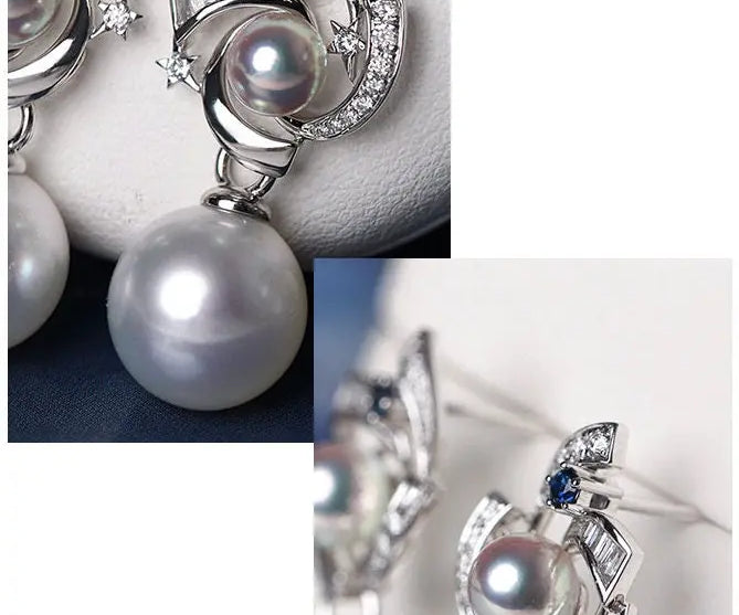 Galaxy Design Earrings with Akoya Pearl Art Deco Earrings, Natural White Diamonds Studs Earrings, 18K White Gold Blue Sapphire Earrings Etsy