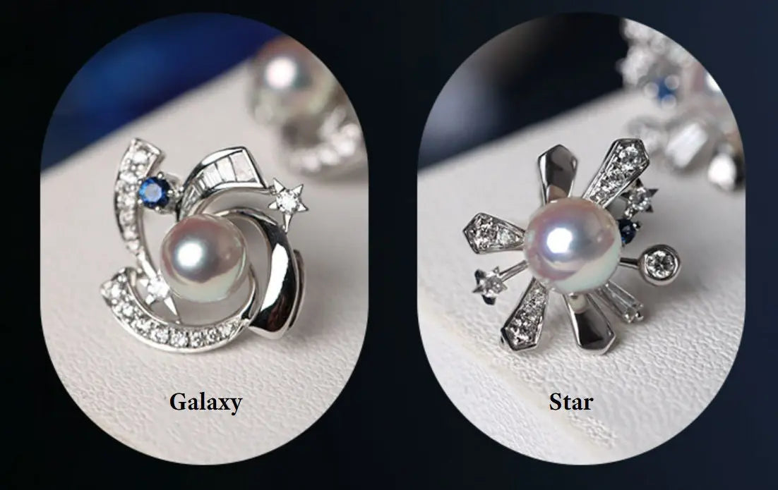 Galaxy Design Earrings with Akoya Pearl Art Deco Earrings, Natural White Diamonds Studs Earrings, 18K White Gold Blue Sapphire Earrings Etsy