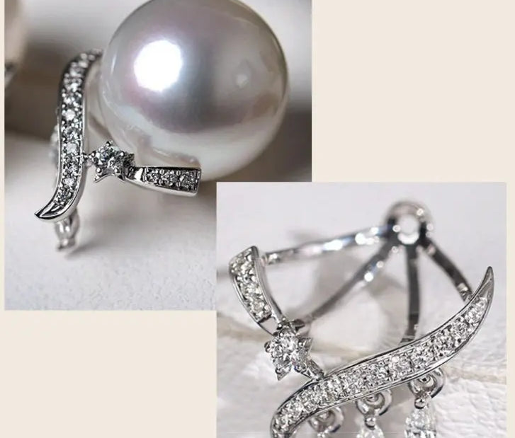 Finest Quality Australian South Sea White Pearl 18k Earrings, Natural White Diamonds 18K Solid White Gold Earrings, Two in one Stud Earrings Etsy