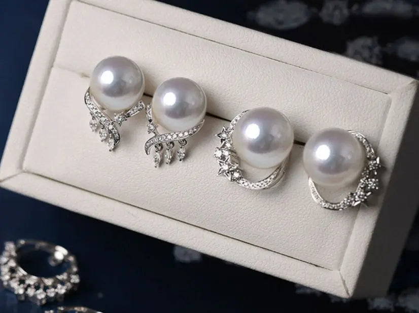 Finest Quality Australian South Sea White Pearl 18k Earrings, Natural White Diamonds 18K Solid White Gold Earrings, Two in one Stud Earrings Etsy