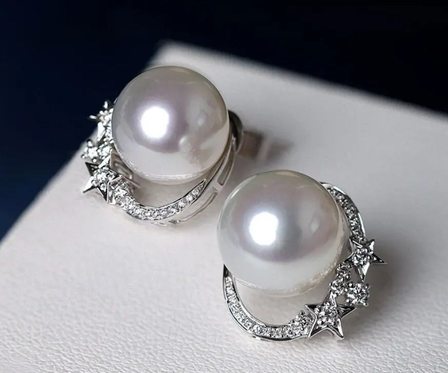 Star Diamonds Cluster Design Australia Pearls Earrings, 18K Solid White Gold Earring, Natural White Diamonds Earring, Wedding Pearls Earring Etsy