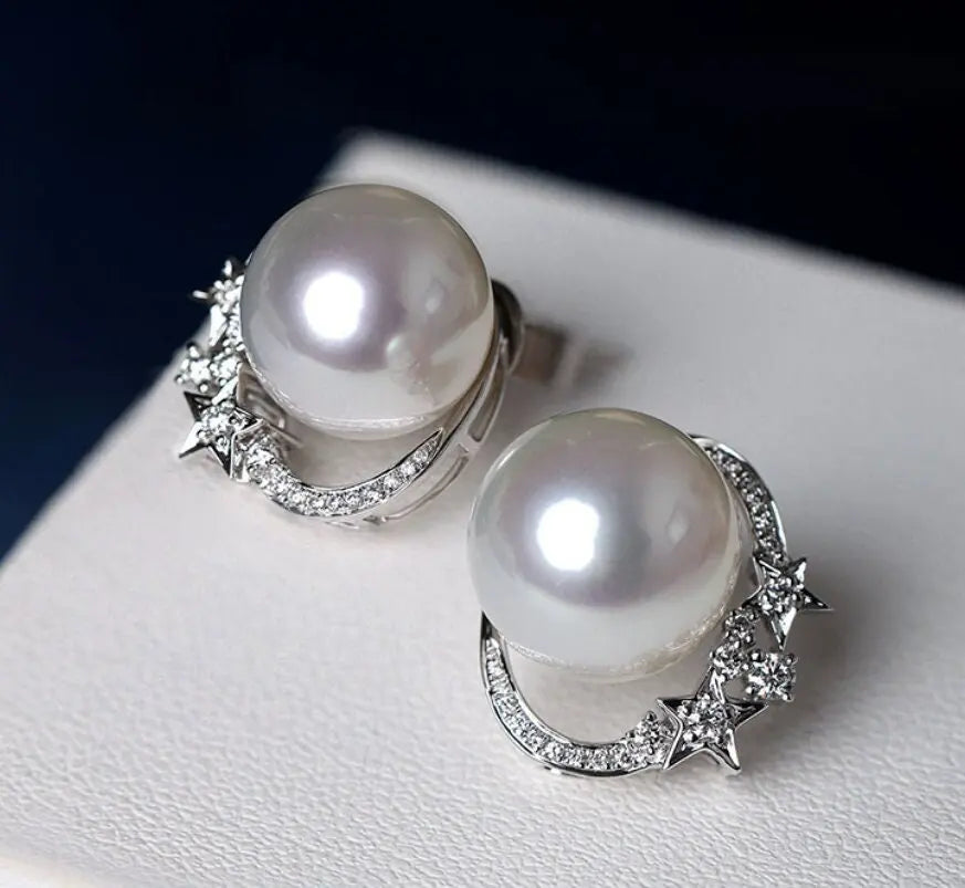 Star Diamonds Cluster Design Australia Pearls Earrings, 18K Solid White Gold Earring, Natural White Diamonds Earring, Wedding Pearls Earring Etsy