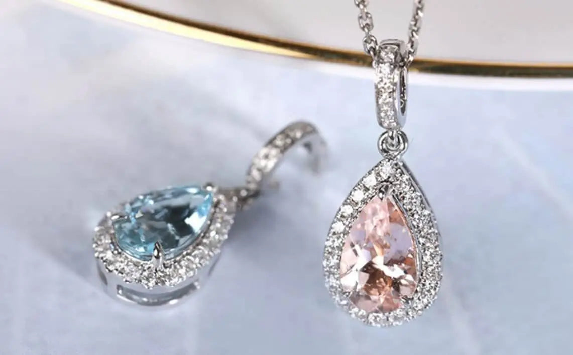 Sakura Pink Morganite Aquamarine Necklace with Natural Diamonds 18K Solid White Gold Necklace Wedding Diamonds Necklace Blue Pink Gemstone Etsy