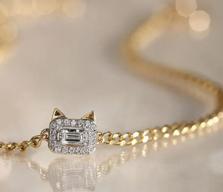 Cute Kitten Diamonds 18K Necklace, Love, Halo Design Animal Necklace Etsy