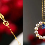Natural Blue Sapphire Pear Rose Cut & Seawater Akoya Pearl 18k Solid Yellow Gold Sapphire Beaded Necklace - LaCorserArtJewelry