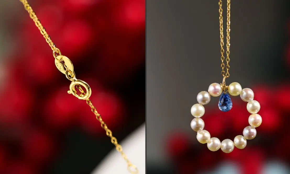 Natural Blue Sapphire Pear Rose Cut & Seawater Akoya Pearl 18k Solid Yellow Gold Sapphire Beaded Necklace - LaCorserArtJewelry