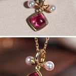 Token 18k Gold Necklace with Rubellite Akoya Pearl Necklace, Red Tourmaline Cabochon Cut Retro Necklace Etsy
