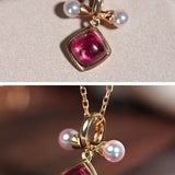 Token 18k Gold Necklace with Rubellite Akoya Pearl Necklace, Red Tourmaline Cabochon Cut Retro Necklace Etsy