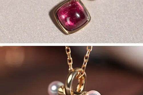 Token 18k Gold Necklace with Rubellite Akoya Pearl Necklace, Red Tourmaline Cabochon Cut Retro Necklace Etsy