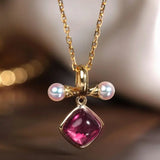 Token 18k Gold Necklace with Rubellite Akoya Pearl Necklace, Red Tourmaline Cabochon Cut Retro Necklace Etsy