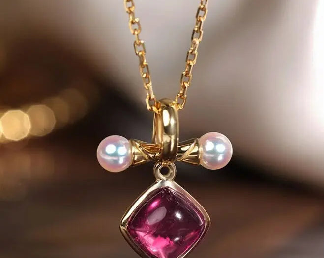 Token 18k Gold Necklace with Rubellite Akoya Pearl Necklace, Red Tourmaline Cabochon Cut Retro Necklace Etsy