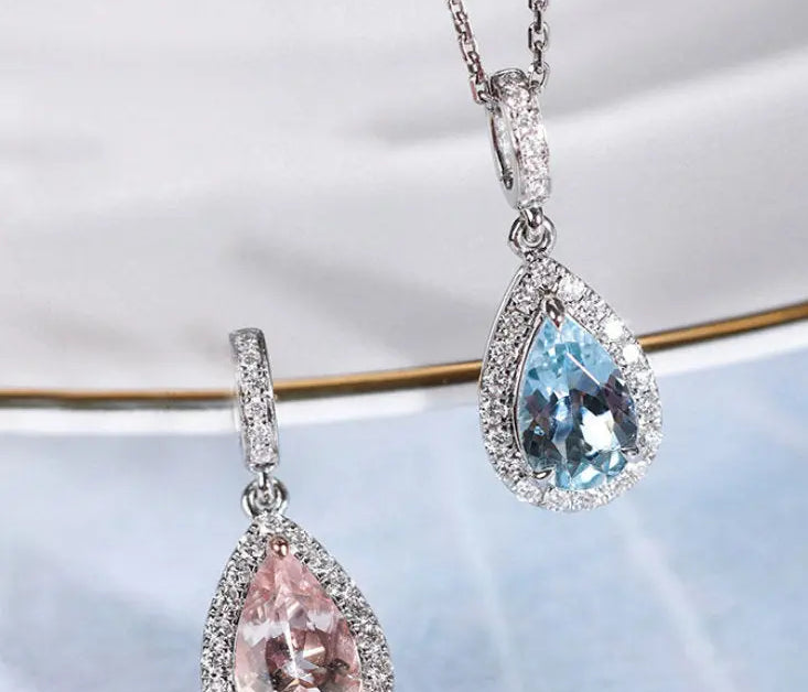 Sakura Pink Morganite Aquamarine Necklace with Natural Diamonds 18K Solid White Gold Necklace Wedding Diamonds Necklace Blue Pink Gemstone Etsy