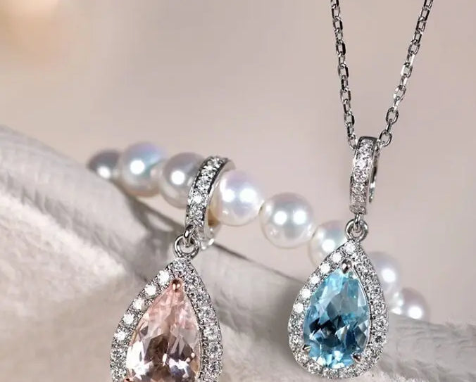 Sakura Pink Morganite Aquamarine Necklace with Natural Diamonds 18K Solid White Gold Necklace Wedding Diamonds Necklace Blue Pink Gemstone Etsy