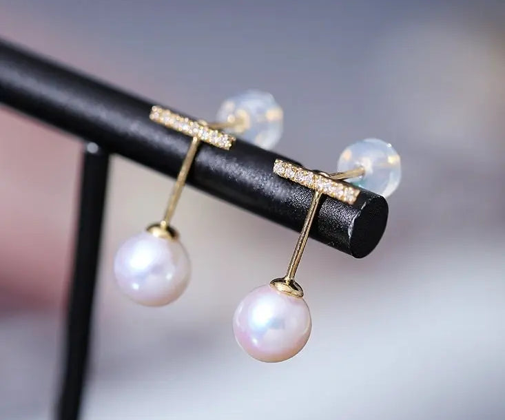 7mm High Luster White Pink Pearl & White Diamond Earrings, 18K Solid Champagne Gold Pearl Earrings, Diamond T Shape Earrings Etsy