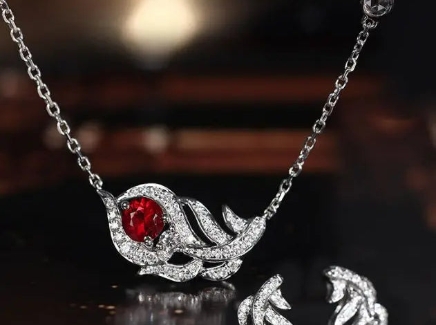Superior Ruby from Myanmar 18k White Gold Earrings, Feather Design Necklace, Weddings Ruby Jewelry Set Etsy