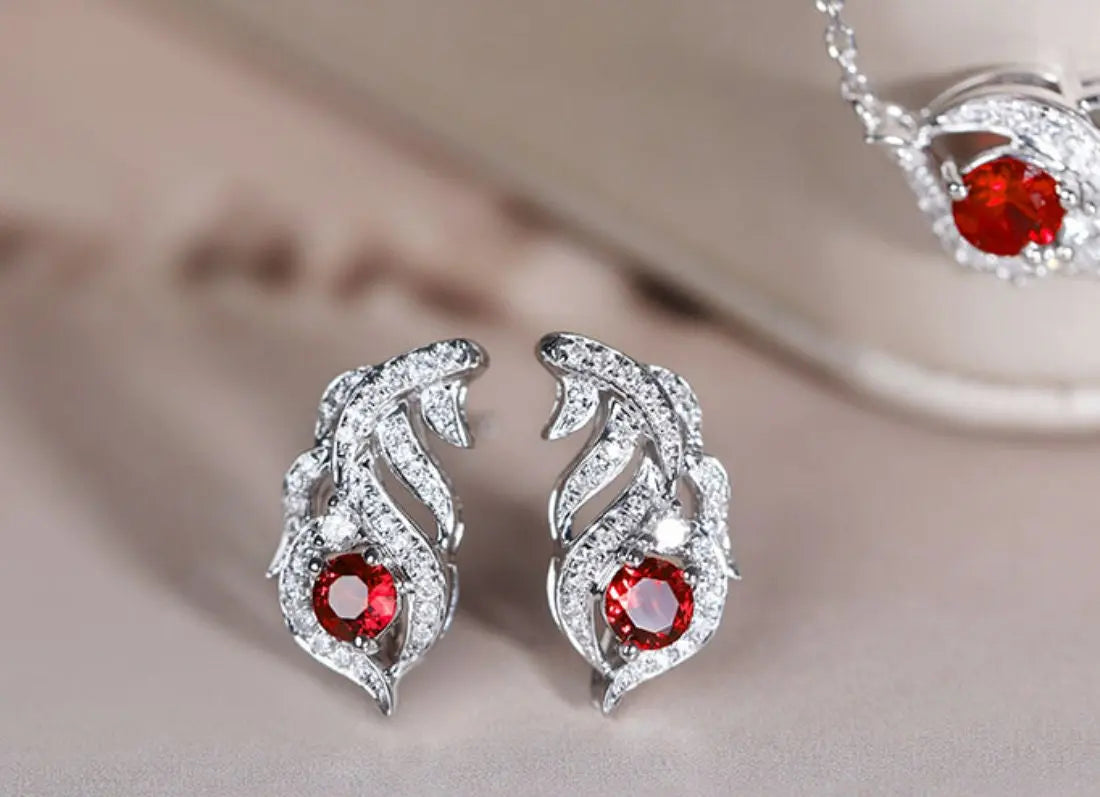Superior Ruby from Myanmar 18k White Gold Earrings, Feather Design Necklace, Weddings Ruby Jewelry Set Etsy