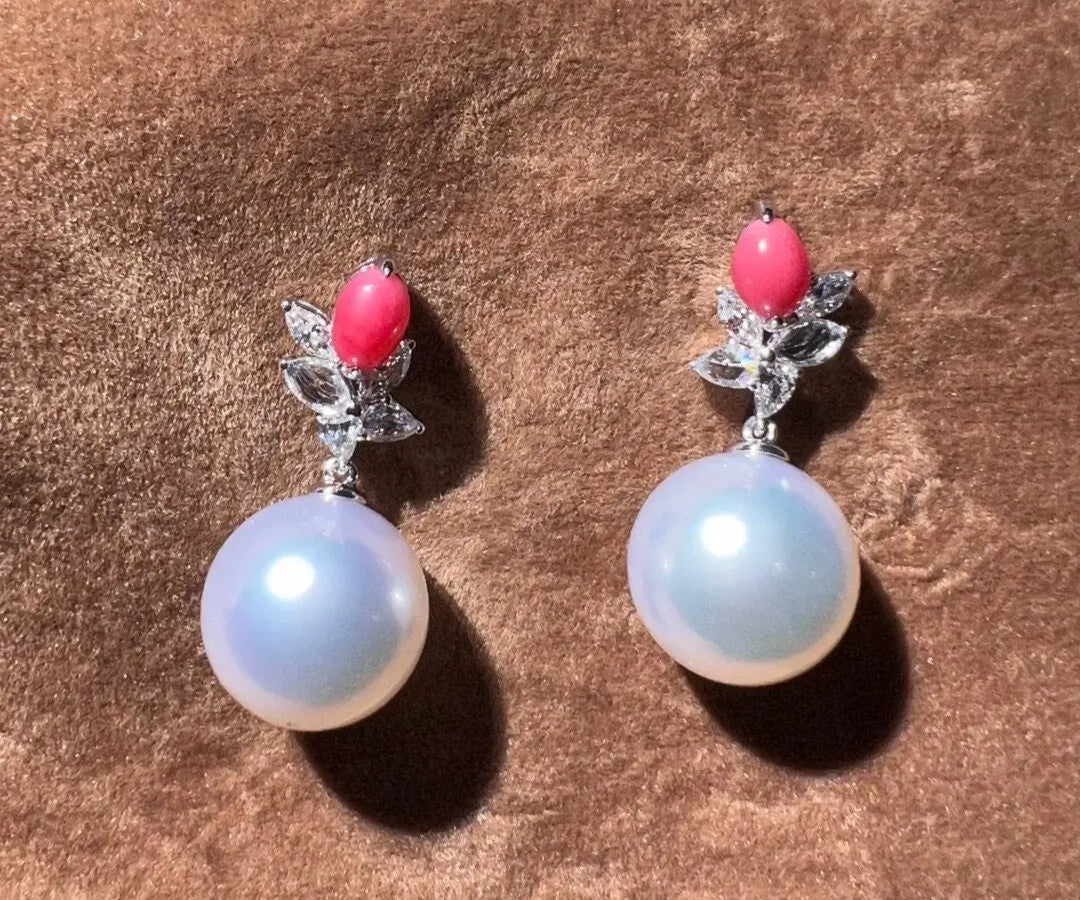 Queen Conch Pearl & South Sea White Pearl Drop Earring, 18K White Gold Pair Earrings, Pink White Pearl Jewerly SKU: 631 643 Etsy