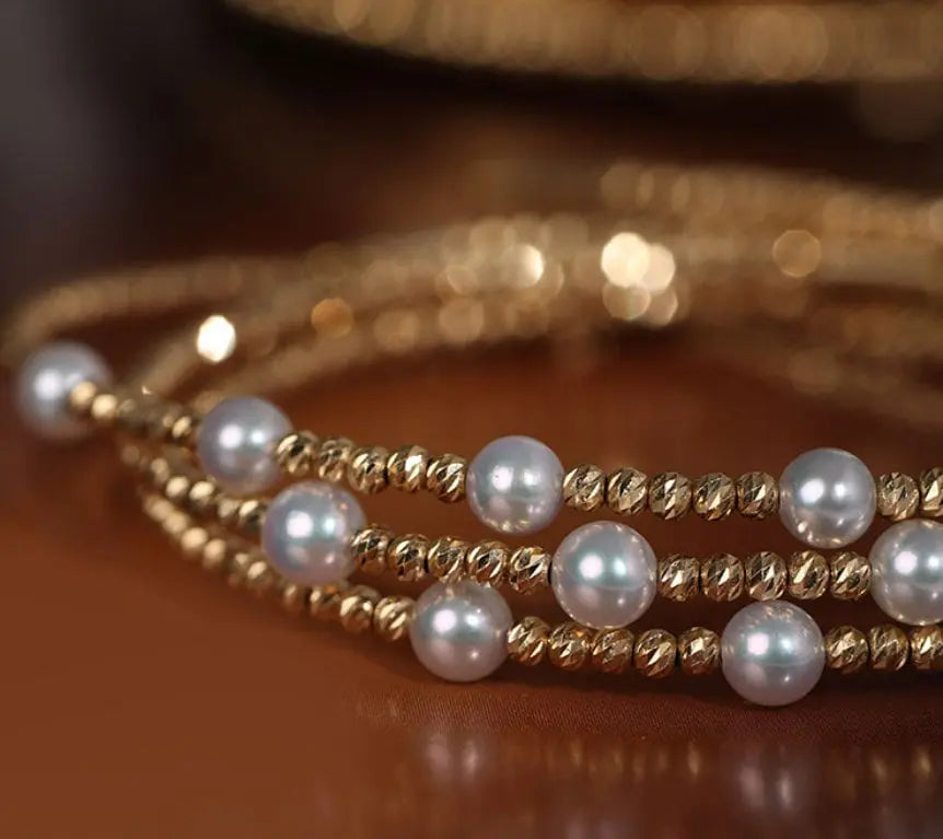 Japan Akoya Beaded Pearl Bangle with 18k Yellow Gold, White Rose Tone Bangle Jewelry Etsy