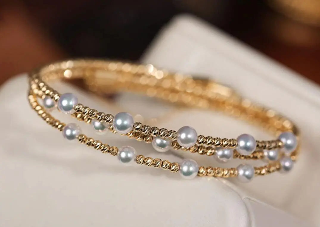 Japan Akoya Beaded Pearl Bangle with 18k Yellow Gold, White Rose Tone Bangle Jewelry Etsy