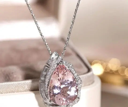 5.18ct Huge Sakura Pink Morganite Platinum 950 Necklace with Natiural Diamonds Ring, Wedding Morganite Jewelry Set, Pink Gemstone Jewelry - LaCorserArtJewelry