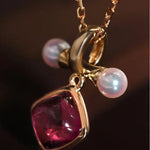 Token 18k Gold Necklace with Rubellite Akoya Pearl Necklace, Red Tourmaline Cabochon Cut Retro Necklace Etsy