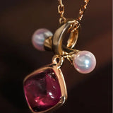 Token 18k Gold Necklace with Rubellite Akoya Pearl Necklace, Red Tourmaline Cabochon Cut Retro Necklace Etsy