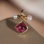Token 18k Gold Necklace with Rubellite Akoya Pearl Necklace, Red Tourmaline Cabochon Cut Retro Necklace Etsy