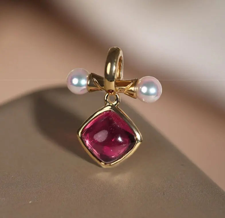Token 18k Gold Necklace with Rubellite Akoya Pearl Necklace, Red Tourmaline Cabochon Cut Retro Necklace Etsy
