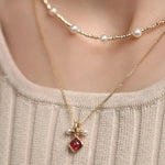 Token 18k Gold Necklace with Rubellite Akoya Pearl Necklace, Red Tourmaline Cabochon Cut Retro Necklace Etsy