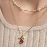 Token 18k Gold Necklace with Rubellite Akoya Pearl Necklace, Red Tourmaline Cabochon Cut Retro Necklace Etsy