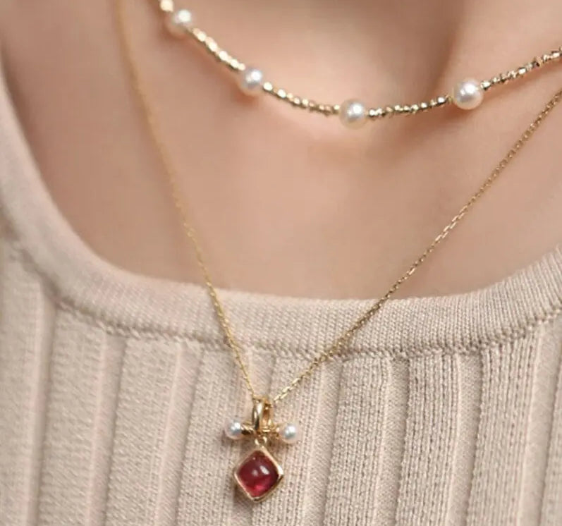Token 18k Gold Necklace with Rubellite Akoya Pearl Necklace, Red Tourmaline Cabochon Cut Retro Necklace Etsy