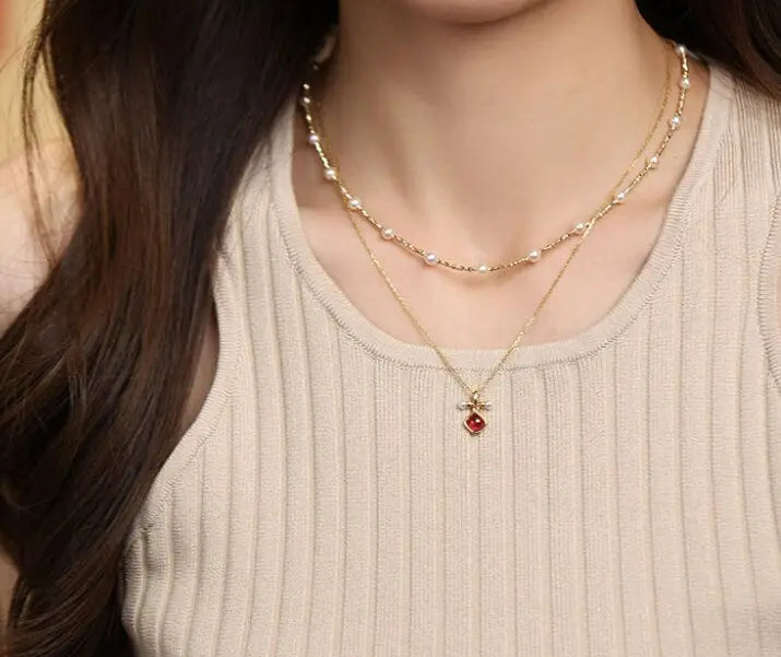 Token 18k Gold Necklace with Rubellite Akoya Pearl Necklace, Red Tourmaline Cabochon Cut Retro Necklace Etsy