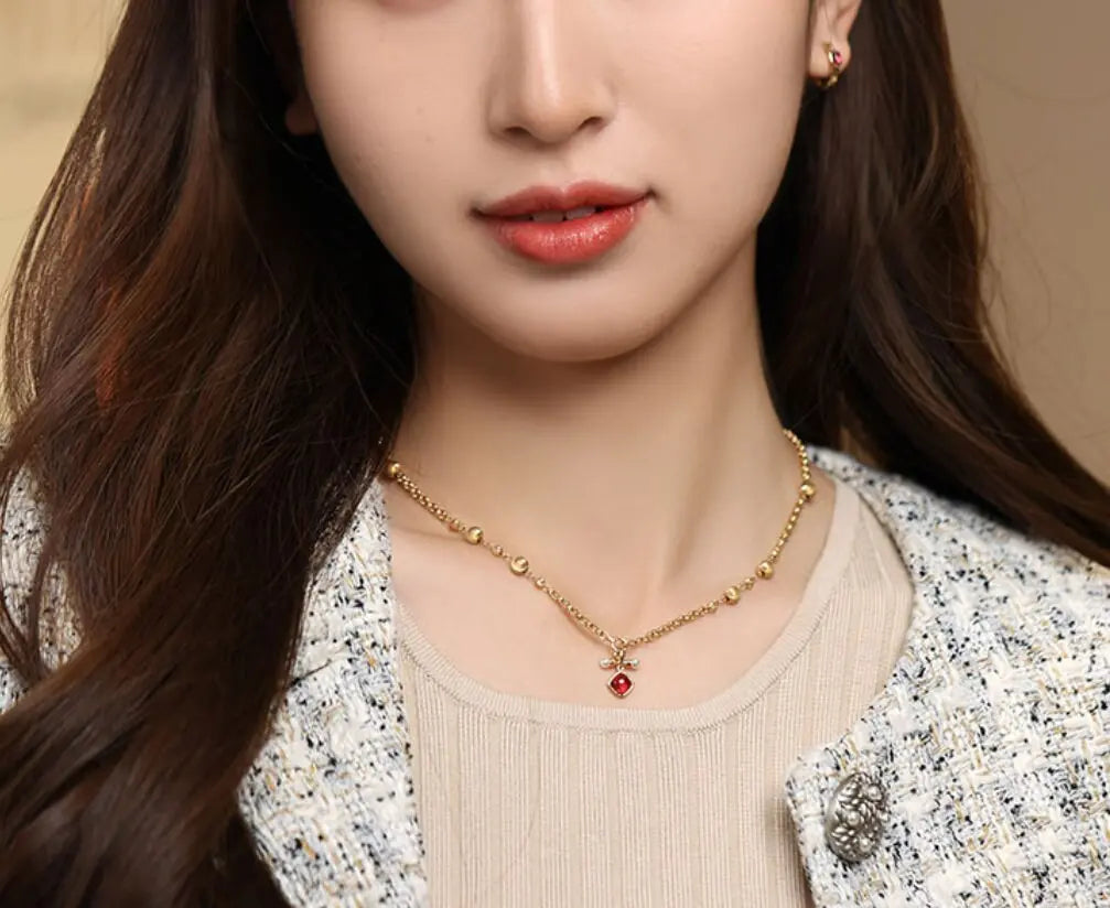Token 18k Gold Necklace with Rubellite Akoya Pearl Necklace, Red Tourmaline Cabochon Cut Retro Necklace Etsy
