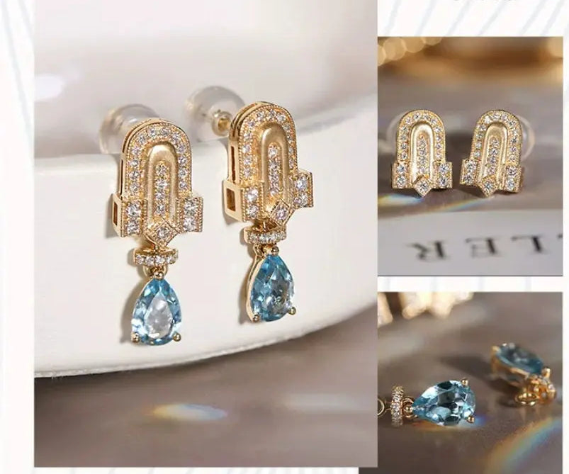 Arch Shape Design 18k Earring with Aquamarine & Diamonds, Art Deco Idea Earring Jewelry, Blue Gemstone Jewelry Etsy