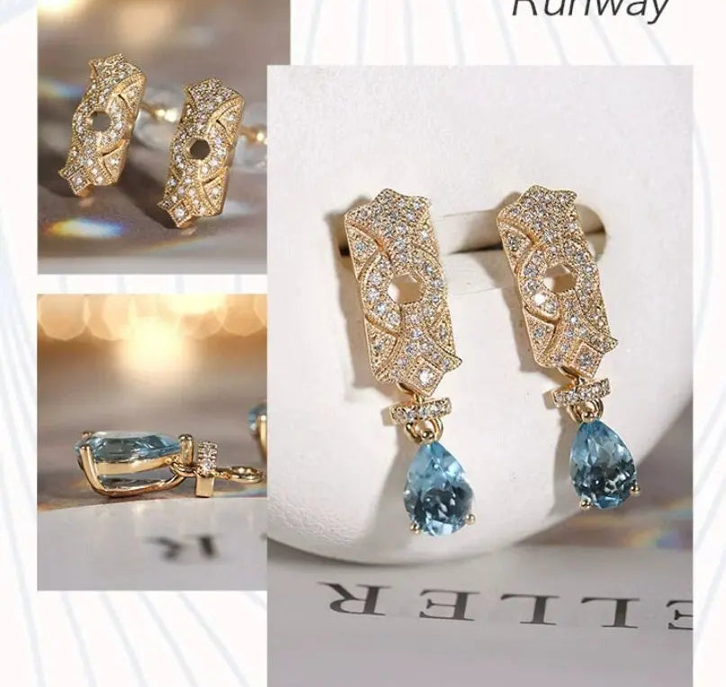 Arch Shape Design 18k Earring with Aquamarine & Diamonds, Art Deco Idea Earring Jewelry, Blue Gemstone Jewelry Etsy