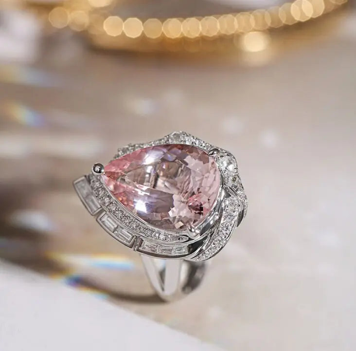 5.18ct Huge Sakura Pink Morganite Platinum 950 Necklace with Natiural Diamonds Ring, Wedding Morganite Jewelry Set, Pink Gemstone Jewelry - LaCorserArtJewelry
