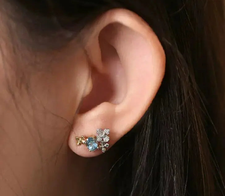 Cluster Aquamarine & Diamonds PT950 Earring, Dainty Flower Design Earrings, Mixed Style Two Tone Gold Earrings Etsy