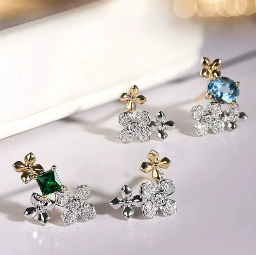Cluster Aquamarine & Diamonds PT950 Earring, Dainty Flower Design Earrings, Mixed Style Two Tone Gold Earrings Etsy