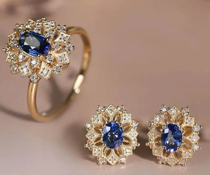 Sri Lanka Royal Blue Sapphire & Ruby Jewelry Set, Victorian Oval Cut Sapphire Jewely Set, Blue Sapphire Ring Earring Necklace Etsy