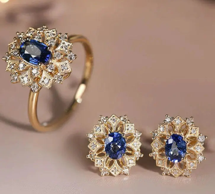 Sri Lanka Royal Blue Sapphire & Ruby Jewelry Set, Victorian Oval Cut Sapphire Jewely Set, Blue Sapphire Ring Earring Necklace Etsy