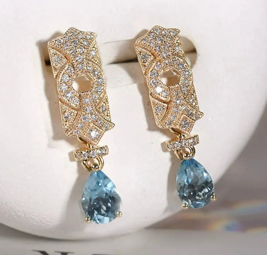 Arch Shape Design 18k Earring with Aquamarine & Diamonds, Art Deco Idea Earring Jewelry, Blue Gemstone Jewelry Etsy