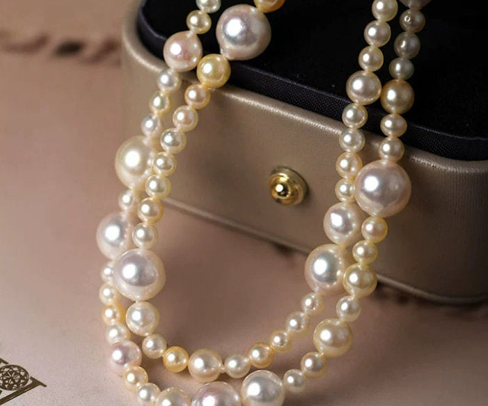 Luminous Akoya Mixed Colors Beaded Pearls Necklace, Rare Japan Seawater Pearl Necklace, Champagne Silver Pearls Necklace, Knitwear Necklace Etsy