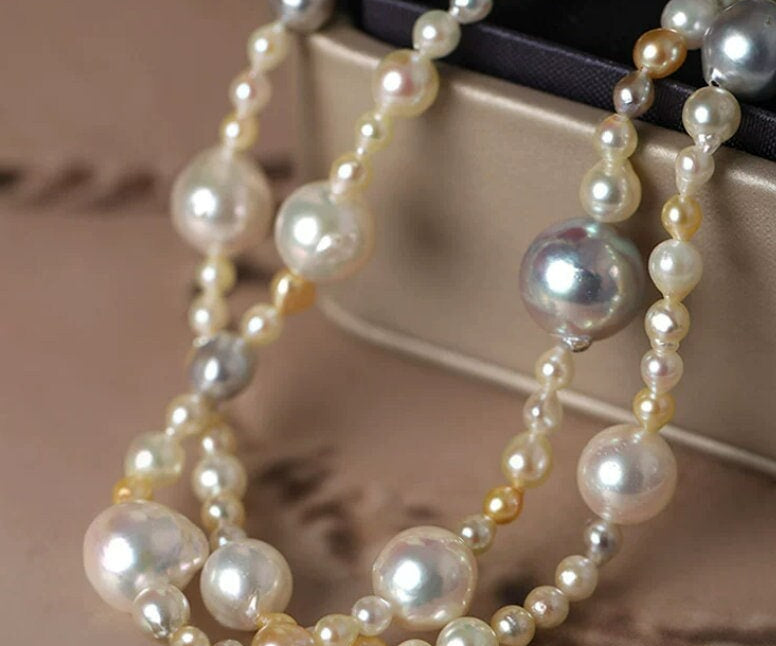 Luminous Akoya Mixed Colors Beaded Pearls Necklace, Rare Japan Seawater Pearl Necklace, Champagne Silver Pearls Necklace, Knitwear Necklace Etsy