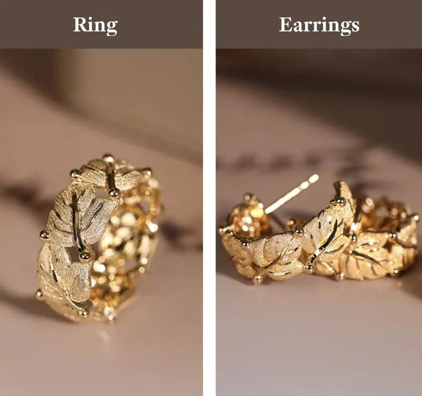 Maple Leaf 18K Yellow Gold Carved Ring Earrings - Nature Inspired Brush Finish Etsy