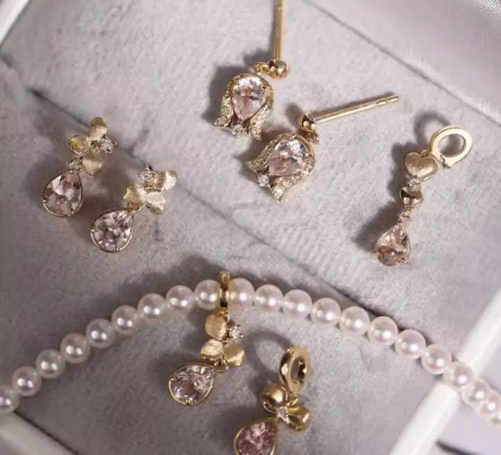 Lily of the Valley Pink Morganite 18k Necklace Earrings, Pink Gemstone Flower Necklace Earrings, Jewelry Set Etsy